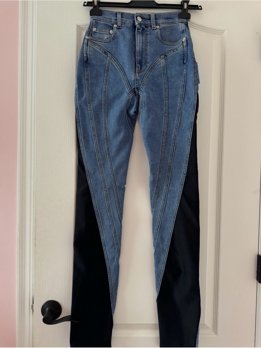 Mugler Blue Denim Jeans with Black Patch and Lavender Logo